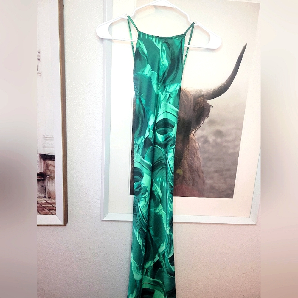 Satin Maxi Dress - Strapy Back Black w/ Green Print - Small